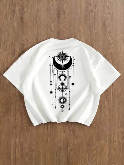 神秘暗黑图腾、太阳、月亮和星星卡片印花男士时尚宇宙神秘上衣男士休闲日常通勤时尚街头美元邮票字母印花短袖白色T恤，夏季