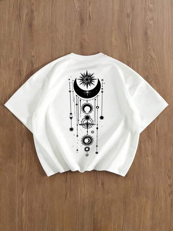 神秘暗黑图腾、太阳、月亮和星星卡片印花男士时尚宇宙神秘上衣男士休闲日常通勤时尚街头美元邮票字母印花短袖白色T恤，夏季
