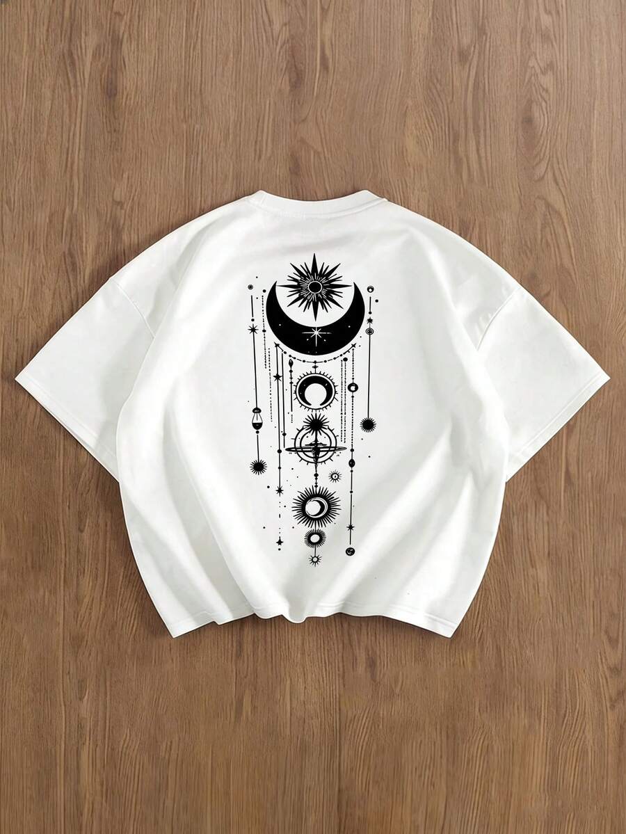 神秘暗黑图腾、太阳、月亮和星星卡片印花男士时尚宇宙神秘上衣男士休闲日常通勤时尚街头美元邮票字母印花短袖白色T恤，夏季 - 白色 - 查看 1