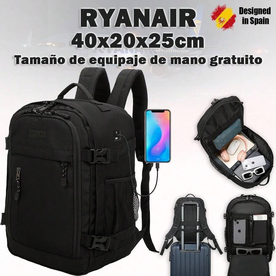 1990s Ryanair 40x20x25cm（20升）便攜背包| 防水飛行背包| 耐用手提行李| 徒步旅行背包| 學生背包| 工作背包| 海軍藍| 灰色| 玫瑰紅色 - 黑色 - 查看 1