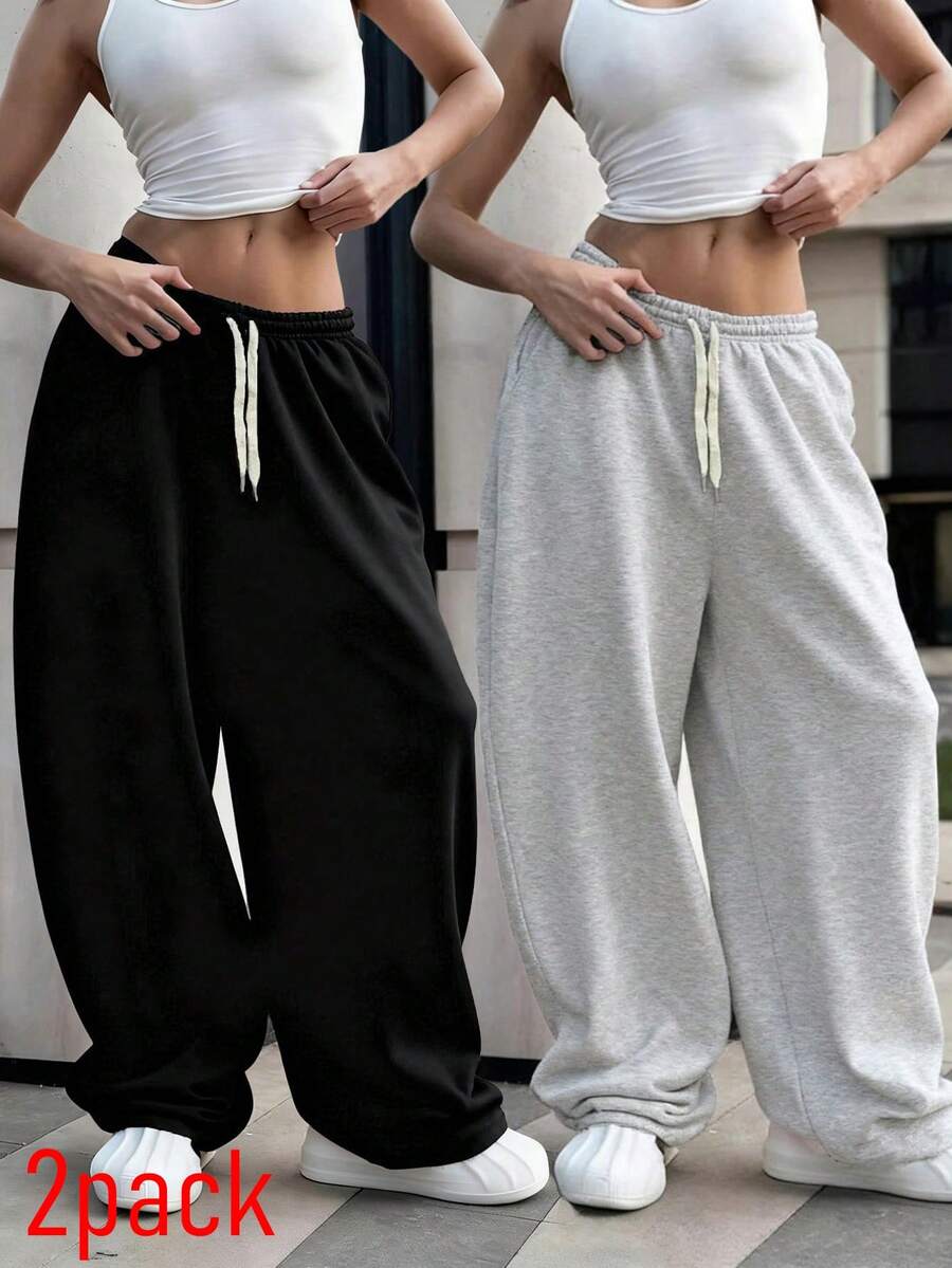2 piezas Pantalones deportivos rectos de mujer de color negro, con diseño minimalista y elegante, cintura elástica con bolsillos laterales, ligeros para uso diario y deportivo, primavera/verano - Negro - Ver 1