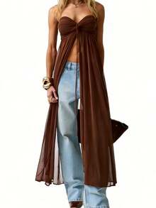 Women's Long Halter Tops Summer Fashionable Solid Color Mesh Patchwork Backless Sleeveless Vest - Coffee Brown - View 3