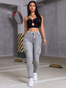 Skinny Cargo Jeans, Blue Wash, Stretchy, With Multiple Pockets, Butt-Lifting Effect, Fitted Cuffs - 淺灰色 - 查看 7