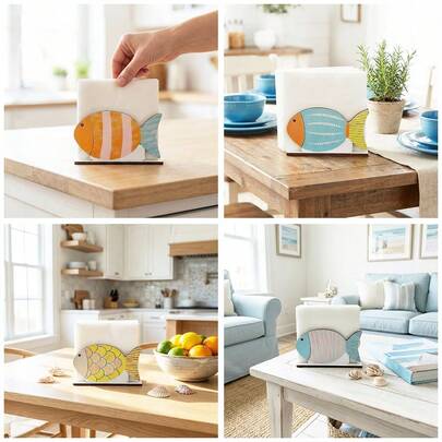 1/4 قطع حامل مناديل ورقية بشكل سمكة خشبي قائم. الحامل مناسب لديكور المطبخ وطاولة الطعام. أسلوبه الساحلي يجعله مثاليًا لفلل الشاطئ والمطاعم والحفلات والمناسبات الأخرى.