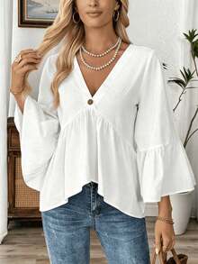 Women's Solid Color Ruffle Hem Elegant Vacation Shirt, Summer White - White - View 3