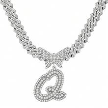 14mm Cuban Link Crystal Butterfly Letter Name Pendant Necklace, Sparkling Paved Rhinestone Cursive Letter Hip Hop Jewelry, New Arrival - Necklace - View 26