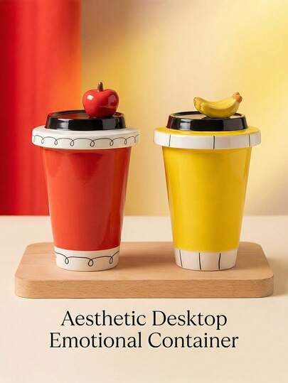 XNRJ Studio1 1pc 300ml Cute Ceramic Covered Travel Coffee Mug, Bicolor Cone-Shaped Cup Body With 3D Apple/Banana Lid, Insulated Anti-Scald Milk Cup, Cartoon Cold Drink Cup, Tea Cup, Suitable Gift For Women, Party, Dinner, Back To School