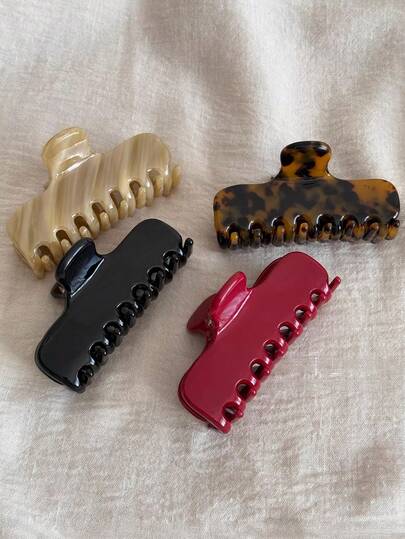 Set de 4 piezas de 11 cm Pinzas para el cabello cuadradas en negro, rojo, carey oscuro y beige, pasadores de pelo elegantes y minimalistas, adecuados para uso diario, casual, fiesta, playa, vacaciones, peinado, lavado de cara/cabello, maquillaje, accesorios de vestir, primavera, verano, otoño, invierno