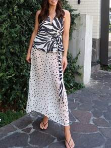 Top de tirantes de mujer con estampado de cebra para el verano, cuello halter, tirantes retorcidos, diseño sin espalda, estilo callejero, casual y elegante - Blanco y Negro - Ver 2