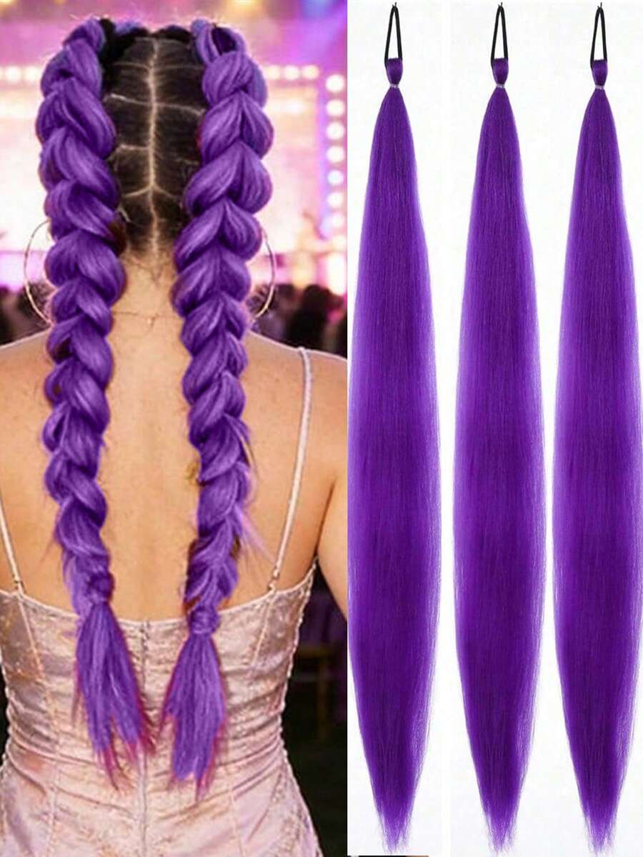 1-3pcs 26 Inch Deep Purple DIY Braiding Hair Extensions | Women's Synthetic Yaki Straight Heat Resistant Fluffy Ponytail | Suitable For Halloween, Christmas, Holiday Parties
