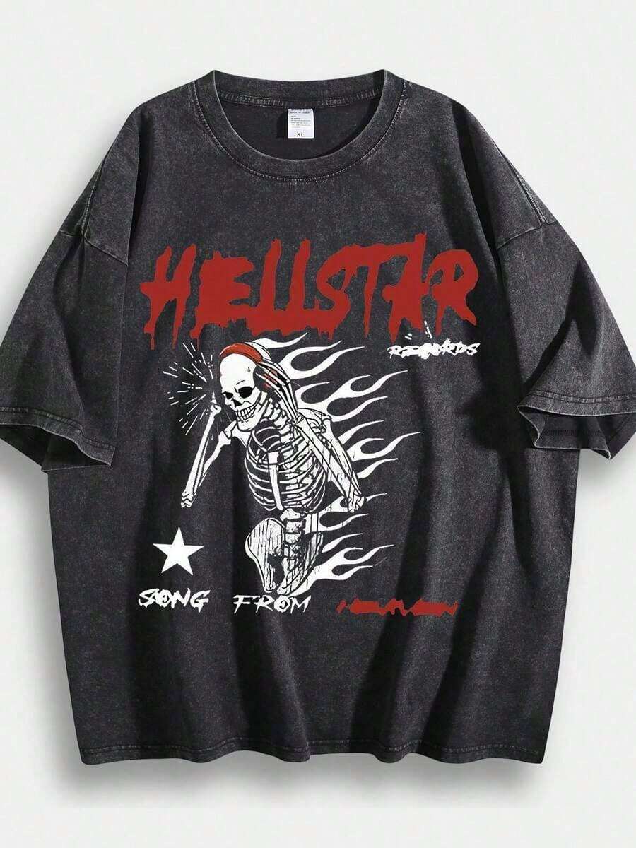 1pc Washed T-Shirt Men'S Retro Skeleton Graphic Tee, Bold Red Dripping Text With Punk Rock Vibe And White Flame-Skull Design On Vibrant Pink Background, Vintage 90S Metal Aesthetic With Star & Song From Heaven Tagline, Nostalgic Short Summer Tops Summer Clothes Shirts Spring Outfits For Women Summer Graphic Tees Women T Shirts - màu đen - Xem 1