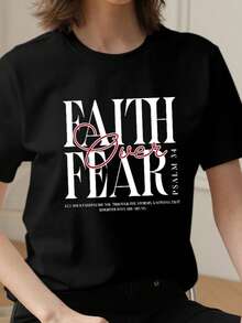 Women's Standard Christian T-Shirt | "Faith Overcomes Fear" Psalm 34 Slogan Graphic | Religious Bible Verse Letter Print Black Casual Streetwear Tee - Black - View 2