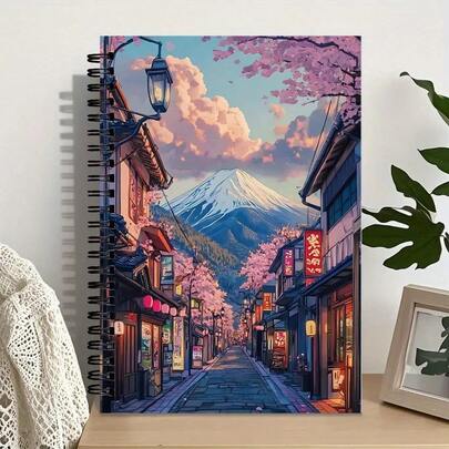 Sổ tay lò xo nghệ thuật đường phố Nhật Bản - Sổ ghi chép kẻ ngang dành cho sinh viên, thiết kế núi và hoa anh đào, giấy chất lượng cao, phù hợp cho trường học, văn phòng, du lịch - Món quà hoàn hảo cho học sinh, giáo viên.