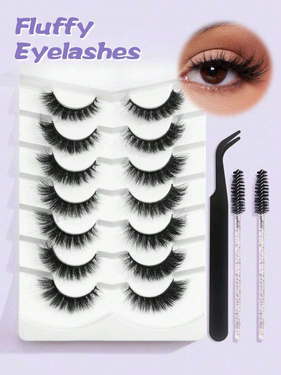 Waloshow MAGEFY 7 Paar natürliche dicke Wimpernverlängerungen + 1 Wimpernzange + 2 Einweg-Wimpernbürsten, voluminöse, lockige, flauschige Wimpernverlängerungen, geeignet für Partys, Cartoon-Stil, Reiseessentiell - Schwarz - Übersicht 1