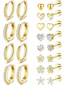 Gold Stud Earrings Women - 14k Gold Plated Surgical Stainless Steel Flat Back Earrings Set Small Huggie Hoop Flatback Earring Sensitive Ears Screw Back Cartilage Piercing Jewelry - 14K Silver Plated - View 1