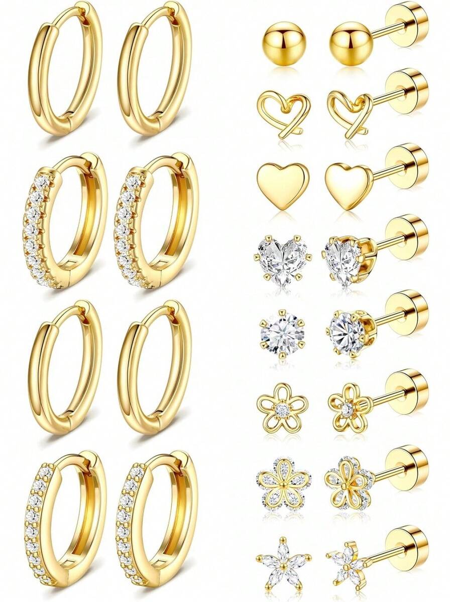 Gold Stud Earrings Women - 14k Gold Plated Surgical Stainless Steel Flat Back Earrings Set Small Huggie Hoop Flatback Earring Sensitive Ears Screw Back Cartilage Piercing Jewelry - 14K Silver Plated - View 1