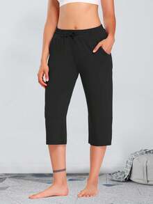 Women's Comfort Yoga Capri Pants With Drawstring & Pockets, Straight Wide Leg Sweatpants For Sports And Casual - 黑色 - 查看 2