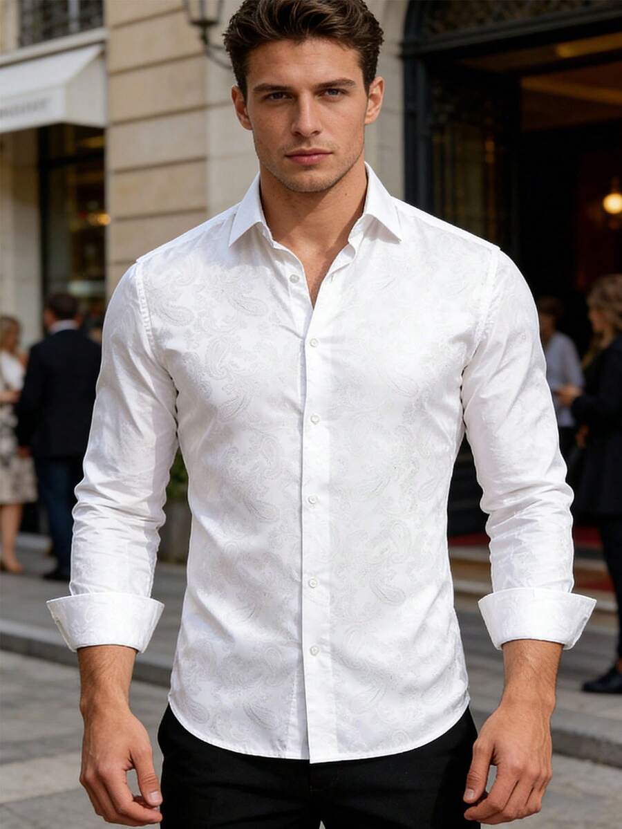 Men's Fashion White Paisley Pattern Long Sleeve Shirt For Formal Dinner Prom Evening Event - White - View 1