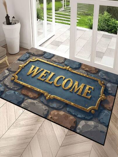 1pc Classical Badge Golden "WELCOME" Doormat, Mud Scraper Entrance Mat, Absorbent Non-Slip Bathroom Mat, Entryway Carpet, Welcome Mat, Washable Rug, Home Decor, Entrance Foot Mat, Front Door Mat, Suitable For Living Room, Bedroom, Kitchen, Parties, Gatherings, Holidays, Gifts, Banquets