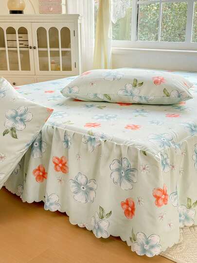 3pcs (1pc Bed Skirt 2pcs Pillowcase)Green Bed Skirt Orange Blue Flowers Printed Design With Lotus Leaf Hem Bed Skirt, Full Coverage Dust Protection Cover With Skirt Hem Bed Skirt Cover Three-Piece Set Pleated Bed Skirt With 2 Pillowcases Bedding Set, Water Wash Brushed Velvet Touch Smooth Moisture-Absorbing Breathable Ple Hem Covering The Bed Foot To Beautify The Bedroom Four Sides Fixed Hem Mattress Protection Cover 3 Pieces Set
