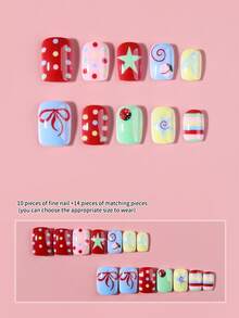 Bộ 24 móng tay giả vuông ngắn bằng acrylic mờ, màu Macaron với họa tiết chấm bi, sao, nơ, bọ rùa, sọc cầu vồng, móng giả tái sử dụng giúp nâng cấp bộ móng của bạn. Bao gồm 1 gel dán và 1 dũa móng, phù hợp cho phụ nữ và bé gái sử dụng hàng ngày, hoàn hảo cho mùa hè. - Nhiều màu - Xem 5
