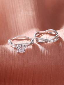 2 pièces Ensemble de bagues rondes en zircone cubique étincelantes et élégantes, Alliances unisexes, Convient pour les vacances, les fêtes, le port quotidien, Cadeau de fête des mères exquis, Parfait pour la Saint-Valentin, Anniversaire - Argent - Voir 4