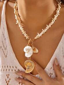 1 chiếc vòng cổ mặt dây chuyền hình sao biển và vỏ sò phong cách Bohemian Y2K, vòng cổ đi biển thường ngày dành cho nữ. - Vỏ ốc nhiều màu - Xem 5