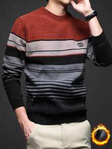 Red Men's Winter Thick Sherpa Striped Knit Sweater - 紅色 - 查看 6