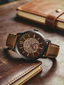 Fossil Townsman ME3155 男士黑色离子镀不锈钢黑色镂空表盘自动机械皮表 - 棕色 - 查看 4