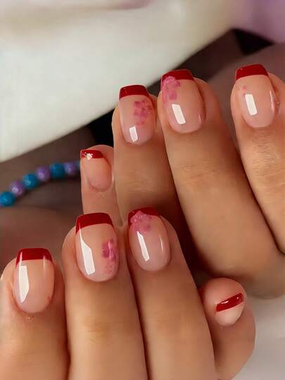 24pcs Spring/Summer New Red & Pink Floral French Manicure Nail Stickers, Fashionable & Brightening