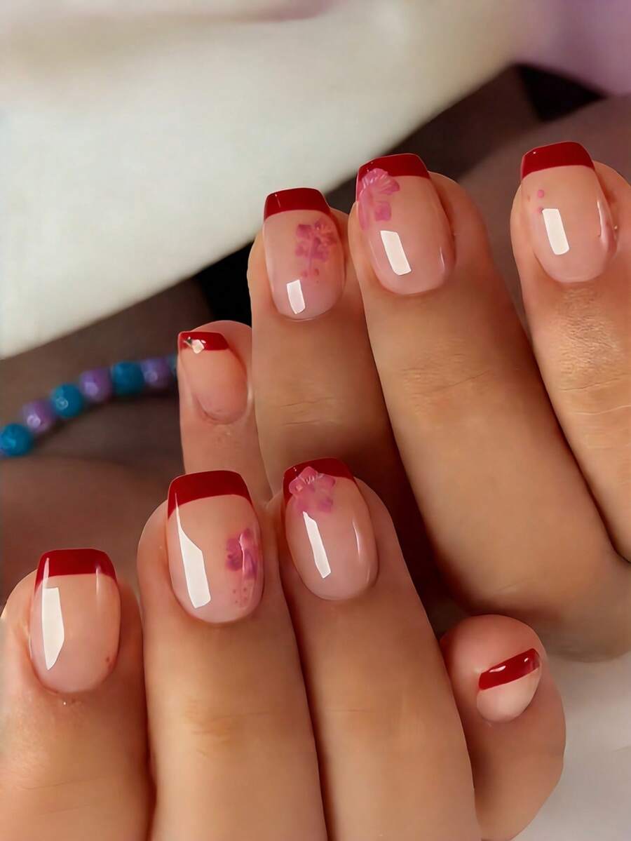 Bộ 24 miếng dán móng tay họa tiết hoa đỏ hồng mới mùa xuân/hè, kiểu Pháp, thời trang và tươi sáng. - Đỏ - Xem 1