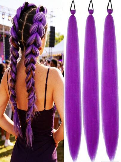 1-3pcs 26 Inch Purple DIY Braiding Hair Extensions | Women Synthetic Yaki Straight Heat Resistant Fluffy Ponytail | Suitable For Halloween, Christmas, Holiday Parties