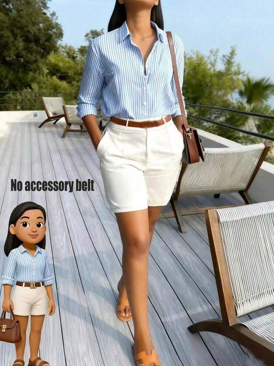 Summer Solid Color Minimalist Slant Pocket Shorts, Suitable For Teachers Back To School White - 棕色 - 查看 1