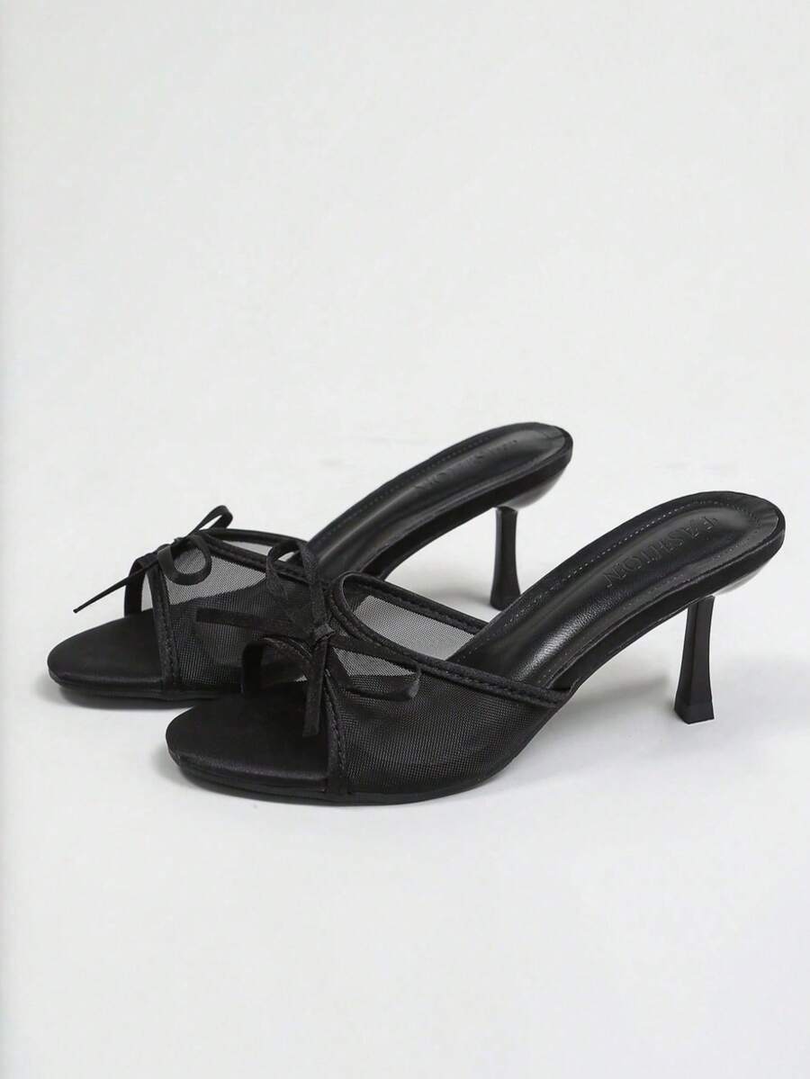 Women's Mesh Breathable Open Toe High Heel Sandals With Bowknot Thin Heels, Summer New Fashionable Versatile Commuting Vacation Fairy Style Sandals