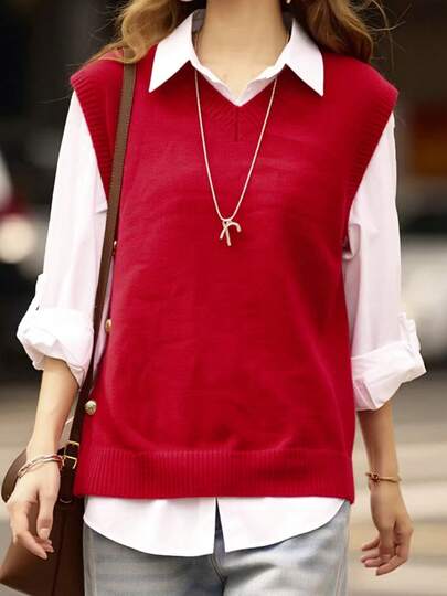 大码女士针织背心开衫，春、夏、秋季百搭，V领纽扣无袖毛衣背心，欧美风格，休闲办公装