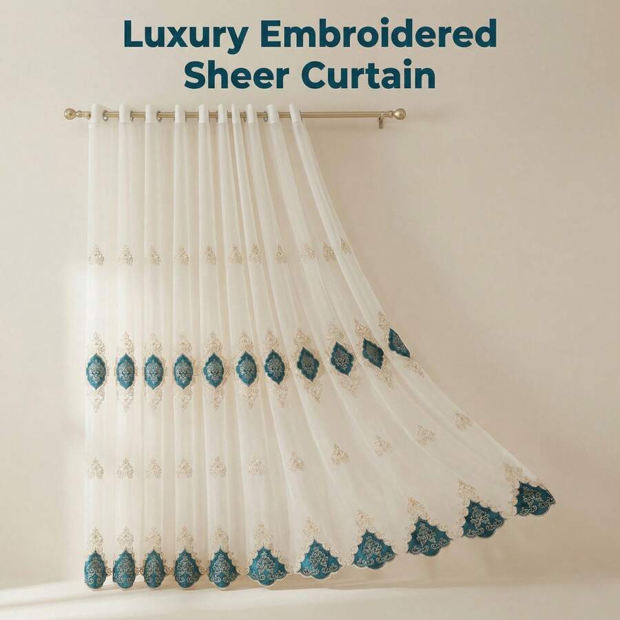1pc Luxury Embroidered Sheer Curtain, High Transparency Chiffon, 3D Golden Embroidery, Suitable For Most Household Ceiling Heights - Dark Green - View 1