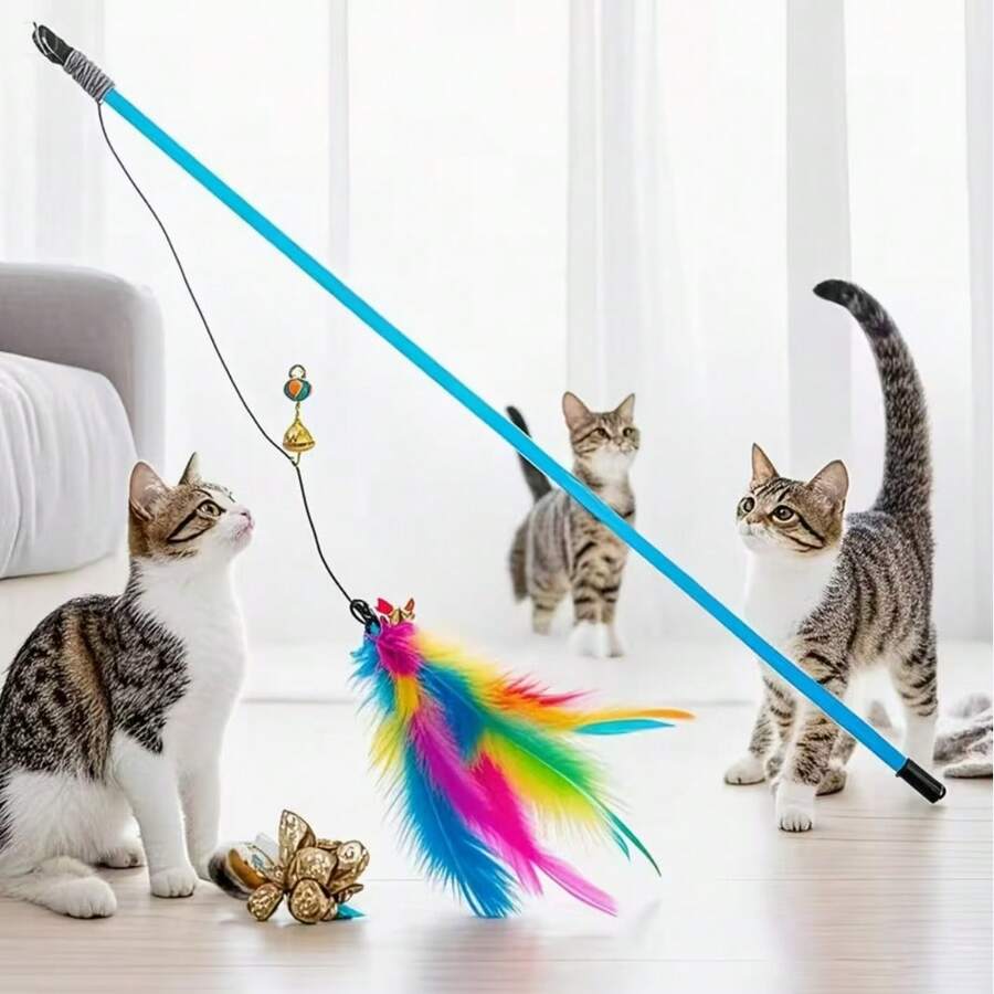 1支猫逗猫棒，带铃铛，仿人造纤维羽毛，猫玩具，猫咪互动游戏，趣味猫咪配件，轻巧设计，宠物专用材质，柔软羽毛，逗猫棒，猫主人，宠物爱好者