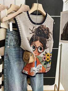 Stylish Women's Knit Sweater Vest With Quirky Girl Graphic Print, Regular Length And Soft Slight Stretch Knitwear,Vacation Outfits,Summer Tops. - Apricot - View 3