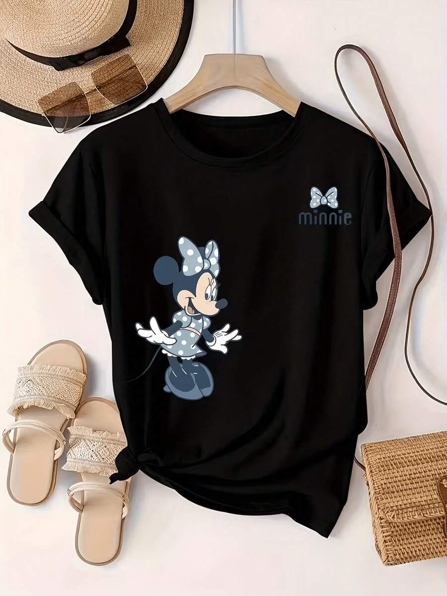 Women's Casual Black Short Sleeve T-Shirt Featuring Cute Disney Minnie Mouse In Polka Dot Dress Print, Perfect For Summer Styling With Straw Hat, Woven Sandals And Rattan Bag As Shown In Display, Disney Shirts, Summer Outfits For Women, Spring Outfits For Women, Officially Licensed Disney T-Shirts, Disney Men's And Women's Spring/Summer Fashion Casual Short-Sleeve T-Shirts - Black - View 1