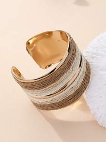 1pc Raffia Woven Metal Bangle Bracelet, Bohemian Contrast Color Vintage Versatile Accessory - Multicolor - View 10