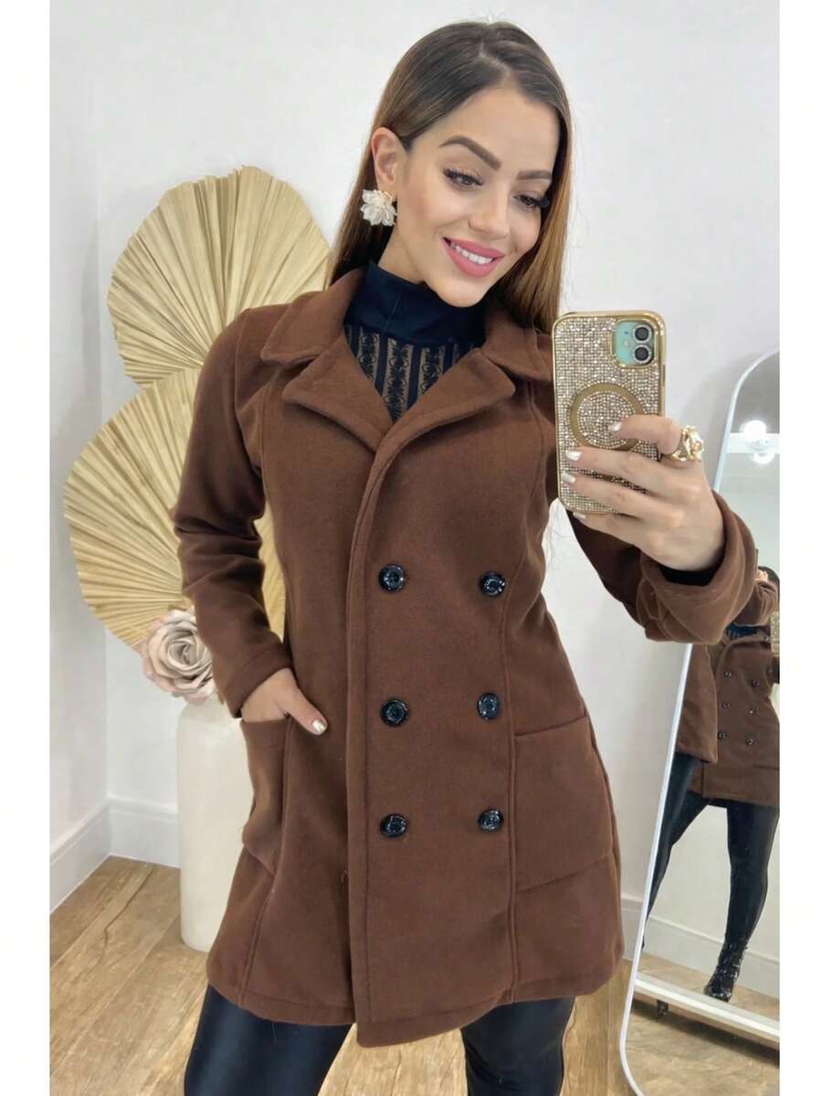 Women's Long-Sleeved Woolen Jacket/Coat For Winter, Fashion Blogger, Buttons, Overcoat - 鏽棕色 - 查看 1