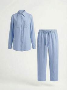 ADD MODA REF AS1593 LINEN SET PANTS WITH POCKETS AND BUTTON-DOWN SHIRT WITH POCKETS - 藍色 - 查看 6