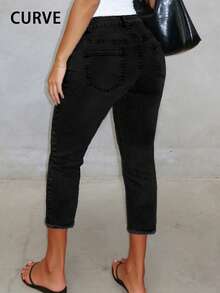 大码女式新款弹力腰带简约七分牛仔裤，百搭休闲 - 黑色 - 查看 2