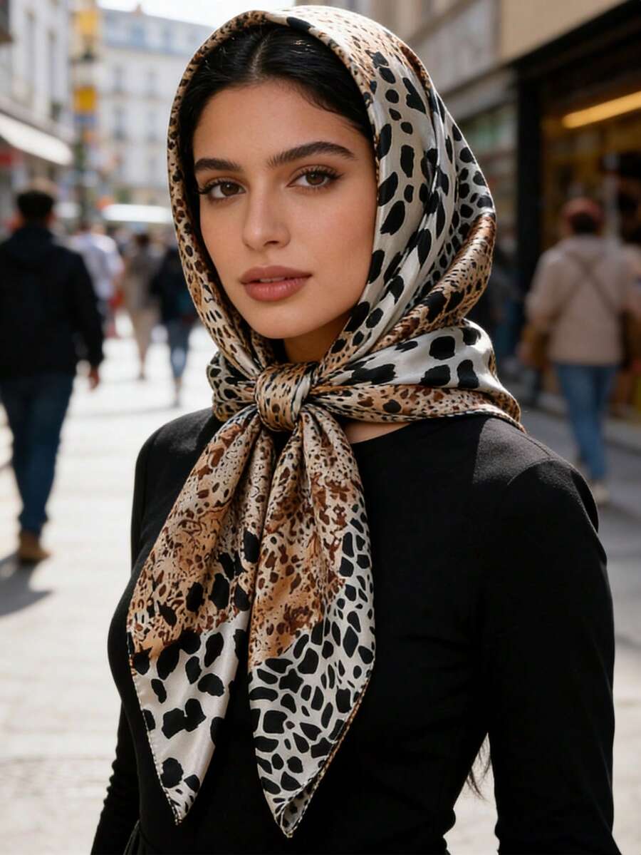 1条女士时尚豹纹90厘米方巾，多功能头巾，适合日常佩戴，四季皆宜 - 03-淺駝 - 查看 1