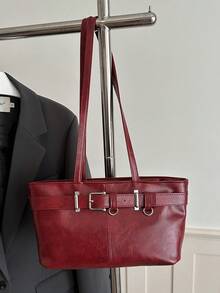 1pc Vintage Large Capacity Tote Bag, Commuter Oversized Underarm Bag, Fashion Motorcycle Handbag, PU Solid Color Oiled Wax Leather, Strap Decor, Zipper Closure, Women's Shoulder Bag For Work/School/Travel/Shopping/Business, Suitable For Daily Use - Burgundy - View 5