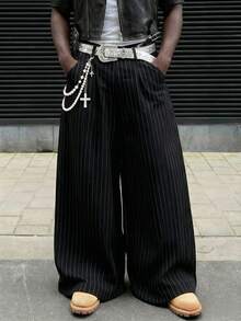 Loose Wide Leg Pants, Casual Vertical Striped Maxi Trousers, Fashionable Y2K Black Fine Striped Super Wide Leg Pants, Unisex Daily Street Style Leisure Long Pants, Suitable Gift For Husband/Boyfriend - Black and White - View 1