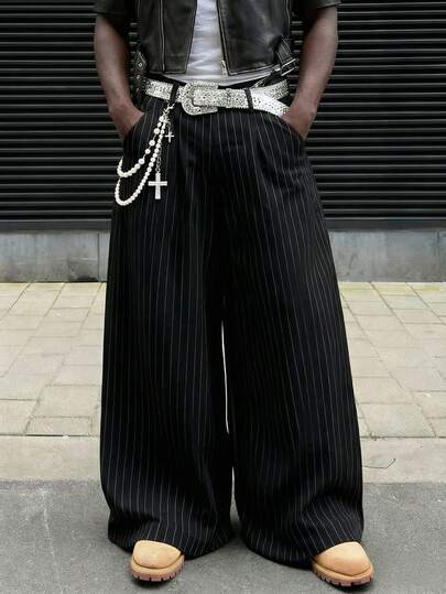 Loose Wide Leg Pants, Casual Vertical Striped Maxi Trousers, Fashionable Y2K Black Fine Striped Super Wide Leg Pants, Unisex Daily Street Style Leisure Long Pants, Suitable Gift For Husband/Boyfriend