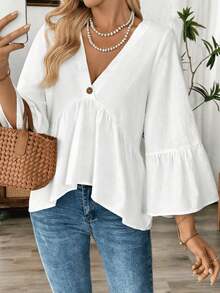 Women's Solid Color Ruffle Hem Elegant Vacation Shirt, Summer White - White - View 4