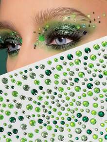 1pc Green Ombre Diamond Face Sticker, Music Festival Makeup, Stage Makeup, Face Decor Rhinestone Sticker, Waterproof Self-Adhesive Elf Makeup Tear Rhinestone Sticker, Creative Makeup Decor Sticker,Concert Look,Face Gems - Green - View 1