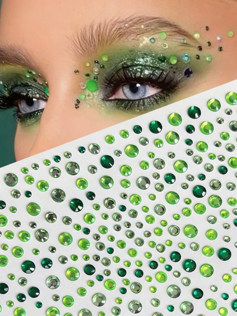 1pc Green Ombre Diamond Face Sticker, Music Festival Makeup, Stage Makeup, Face Decor Rhinestone Sticker, Waterproof Self-Adhesive Elf Makeup Tear Rhinestone Sticker, Creative Makeup Decor Sticker,Concert Look,Face Gems - Green - View 1